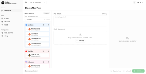 NinZap dashboard showing social media post creation interface